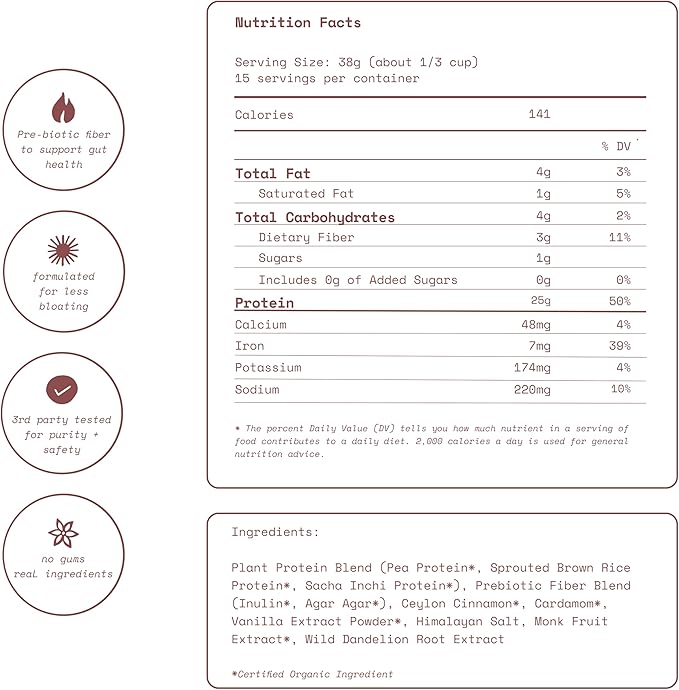 Plant Based Protein Powder | Vanilla Spice | 25g of Organic Vegan Protein | Prebiotic Fiber | Low Carb | No Added Sugar | Gluten & Dairy Free