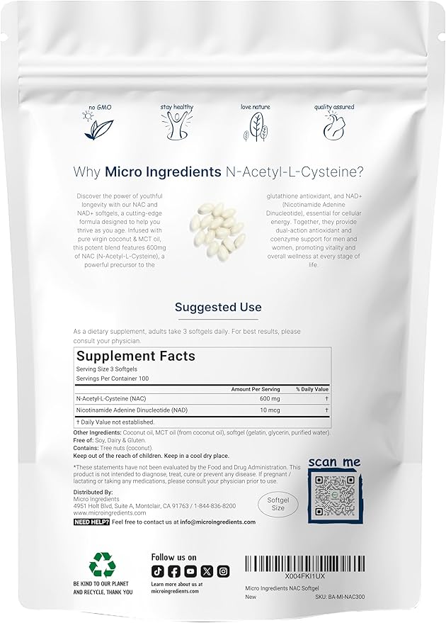 NAC 600mg with NAD+, 300 Coconut MCT Oil Softgels | N Acetyl L Cysteine & Nicotinamide Forms for Better Absorption | Antioxidant Supplement | Promotes Energy & Youthful Aging | Non-GMO