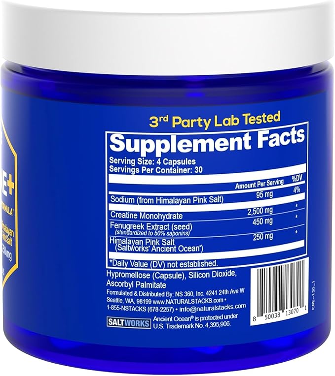 Creatine Monohydrate - 2500mg Creatine Pills - 450mg Fenugreek Extract & 250mg Himalayan Pink Salt - Supports Brain Health, Endurance & Muscle Building - Advanced Absorption Formula - 120 Capsules