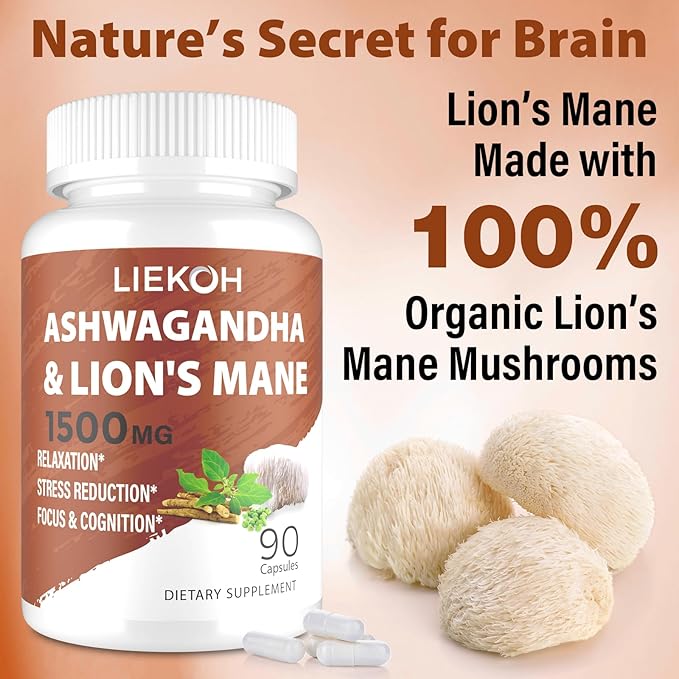 Ashwagandha & Lions Mane Supplement Capsules, Brain Supplements for Memory and Focus, Ashwagandha Supplement with Rhodiola & Black Peppe, Cortisol Supplements for Women & Men,90 Caps