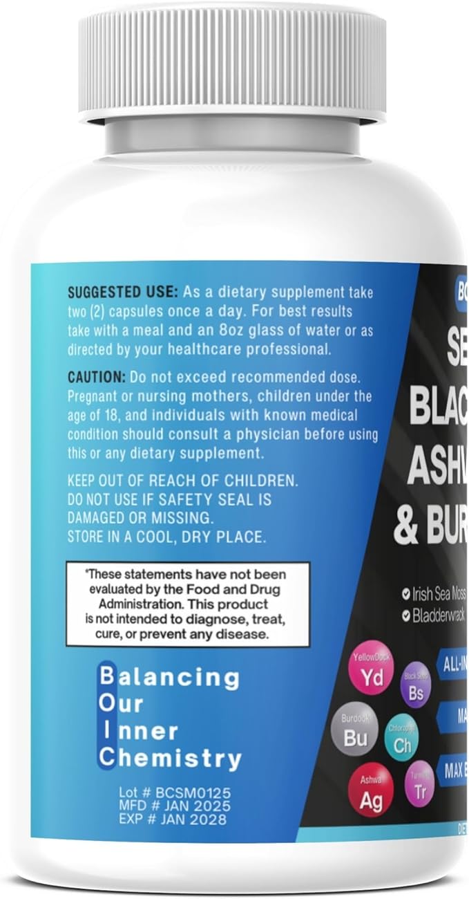 Sea Moss Capsules – Wildcrafted Irish Sea Moss with Black Seed Oil, Ashwagandha, Bladderwrack, Burdock Root, Turmeric & Elderberry – 15-in-1 Superfood Blend – 90 Capsules (Pack of 1)