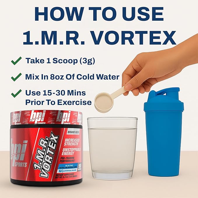 BPI Sports 1.M.R Vortex Pre Workout Powder – High Stim Preworkout for Men & Women with Glycerol, Caffeine, Niacin, and Herbal Extracts – Energy, Focus & Endurance – Blue Raz Flavor – 50 Servings