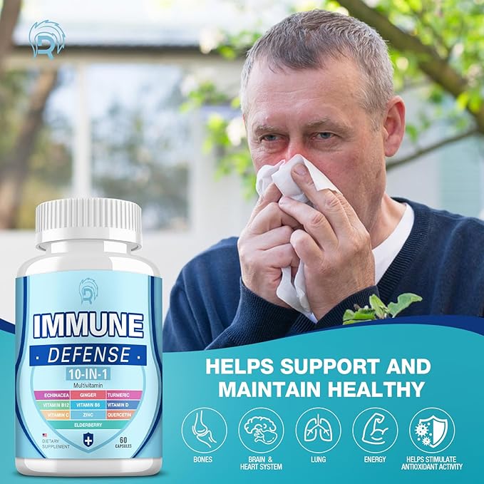 Immune Support Supplement, 10-in-1 Immune Defence with Vitamin C,B6,B12,VIT D, Zinc, Echinacea Turmeric Elderberry Immune Boosters for Adult - 120 Capsules(2 Pack)