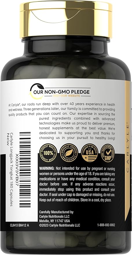 Carlyle Tongkat Ali for Men | 1600mg | 180 Count | Longjack Supplement | Eurycoma Longifolia | Non-GMO and Gluten Free