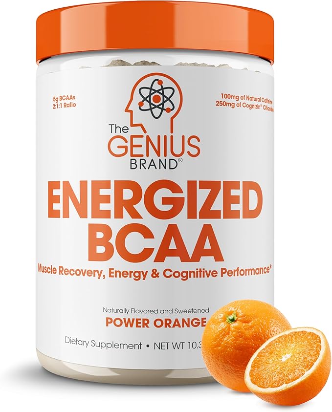 Genius BCAA Powder - 5g Vegan BCAAs L-Glutamine, Cognizin & Rhodiola Muscle Recovery Energy Support 100mg Caffeine Pre, Intra, Post-Workout Nootropic Supplement for Focus & Performance - Orange