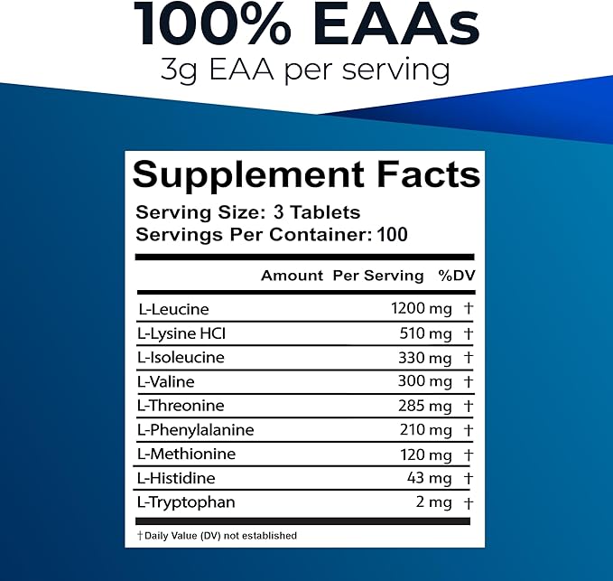 Ultimate 100% Essential Amino Acid Supplement - 3rd Party Tested - 300 Easy-to-Swallow, 1g Coated Tablets - All 9 EAA with 40% Leucine in Optimized BCAA Ratio - Improve Fitness & Performance - Non-GMO