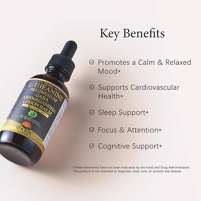 Oasisforce L Theanine 400mg Liquid Drops, L-Theanine Supplement for Adults & Kids with GABA, Magnesium & Ashwagandha, Natural Sleep, Focus & Relaxation Support, Vegan, Alcohol-Free, Non-GMO, 2 FL OZ