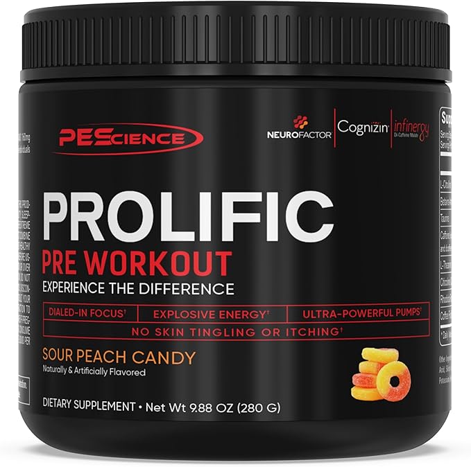PEScience Prolific Energy Pre Workout – L Citrulline for Nitric Oxide, Rhodiola & CDP Choline Nootropic for Focus – Preworkout for Men & Women – 40 Scoops, Sour Peach Candy