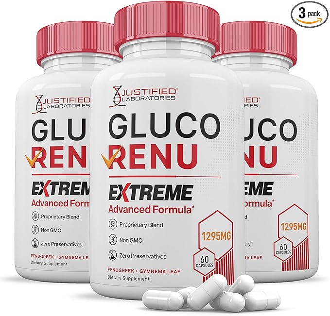 (3 Pack) Gluco Renu Extreme 1295MG Glyco Support Pills Advacned Formula Gluo Renew Glycogen Support Formulated with Turmeric Berberine Resveratrol Garlic Bitter Melon Milk Thistle 60 Capsules