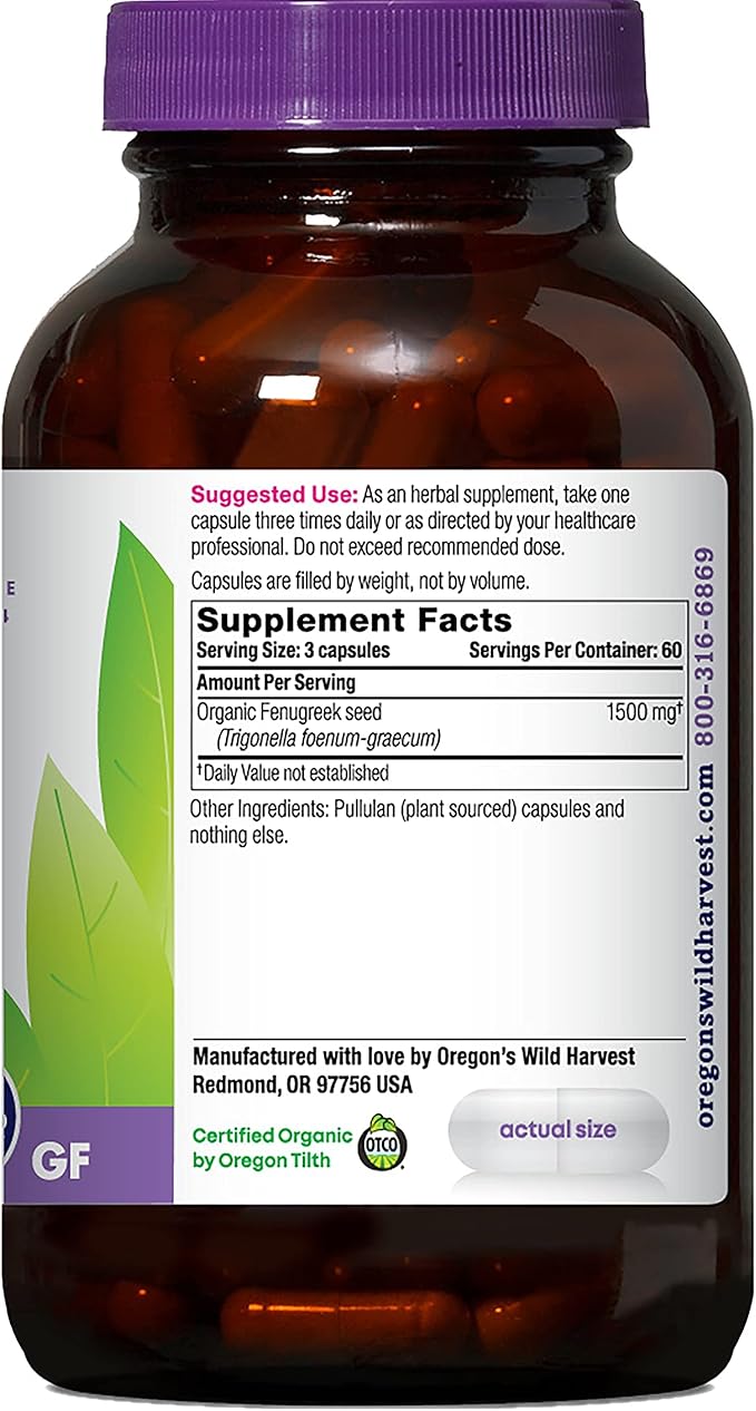 Oregon's Wild Harvest Organic Non-GMO Fenugreek Capsules, Lactation Support Herbal Supplements for Optimal Breast Milk Production-180 Count