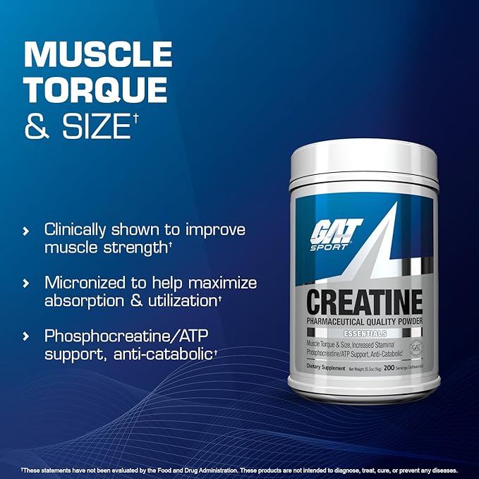 GAT SPORT Creatine Monohydrate Powder 1000 Grams, Strength, GLP1 Support, Brain Health, Anti-oxidant, Endurance, for Men & Women, 1 Kilo, Unflavored