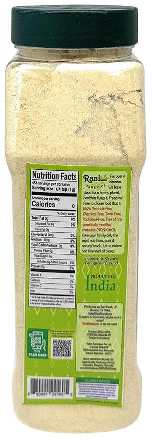 Rani Organic Fenugreek (Methi) Seeds Ground Powder 16oz (1lb) 454g Jar, Trigonella foenum graecum ~ All Natural | Vegan | Gluten Friendly | Non-GMO | Kosher | Indian Origin | USDA Certified Organic