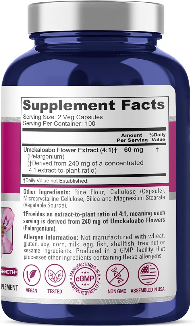 NusaPure Umckaloabo 4:1 Extract, 60 mg Equivalent to 240 mg Veggie Caps 200 Count (Non-GMO, Vegan)
