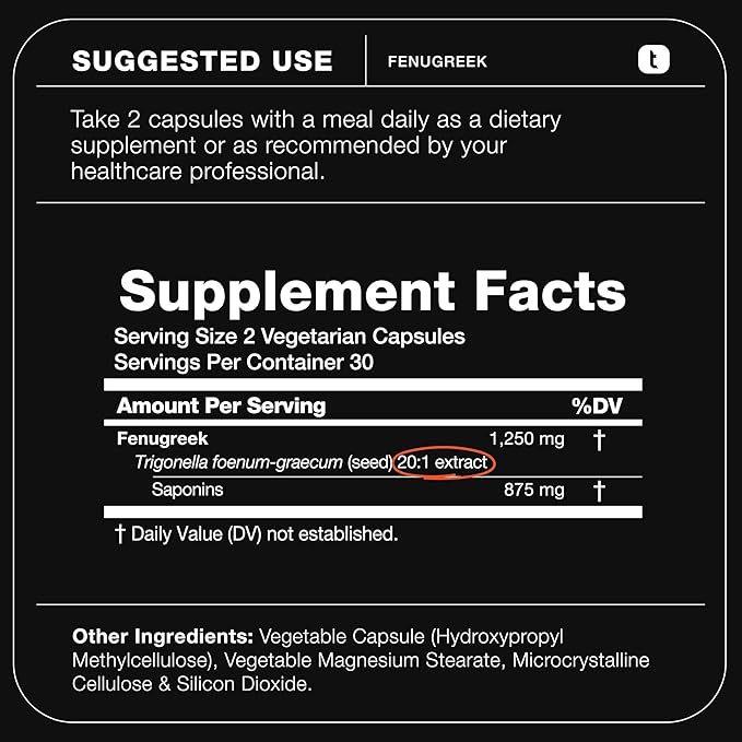 Fenugreek Capsules - Ultra High Potency 20:1 Extract with 70% Saponins - Highly Concentrated - Third-Party Lab Tested - 60 Capsules