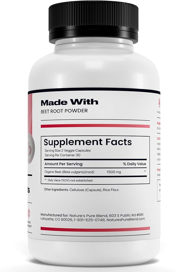 Nature's Pure Blend Organic Beet Root Powder Capsules – Beet Root Capsules & Beets Supplements for Circulation – L Arginine – Nitric Oxide Supplements – 1500MG