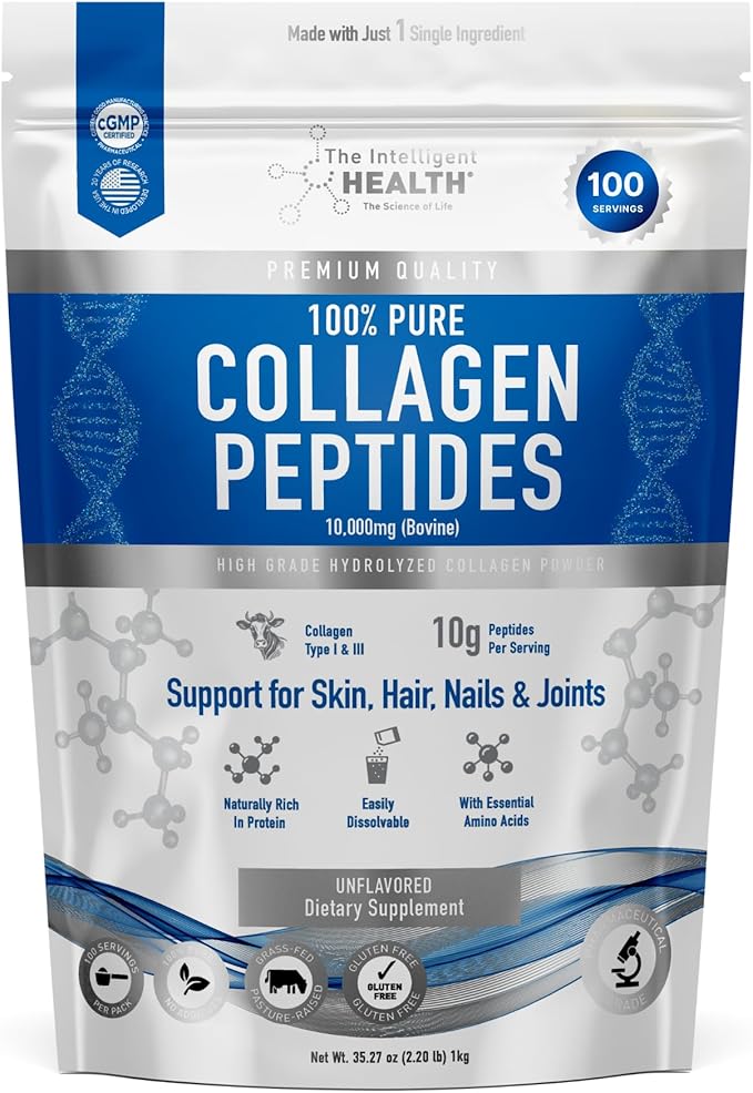 Hydrolyzed Collagen Peptides Powder, Grass Fed, High Protein, Unflavored, Gluten-Free, Paleo & Keto Friendly, 10g per Serving (1kg) Supports Skin, Hair, Nails, Joints, & Bones