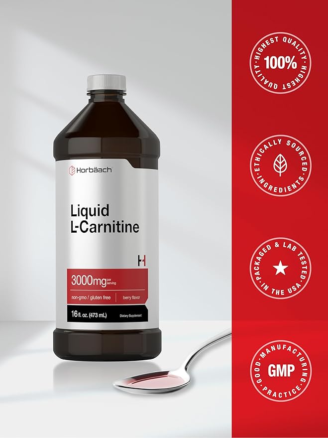 Horbäach L-Carnitine Liquid 16 oz | 3000 mg | Berry Flavor | Vegetarian Formula | Non-GMO, Gluten Free Supplement