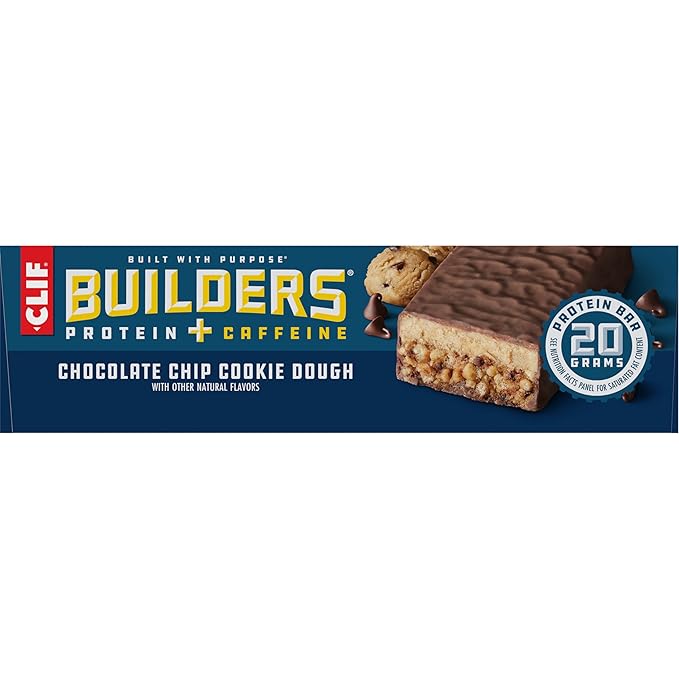 CLIF Builders + Caffeine - Chocolate Chip Cookie Dough Flavor - Plant Based Protein Bars - Gluten Free - Non-GMO - Low Glycemic - 20g Protein - 2.4 oz. (12 Count)