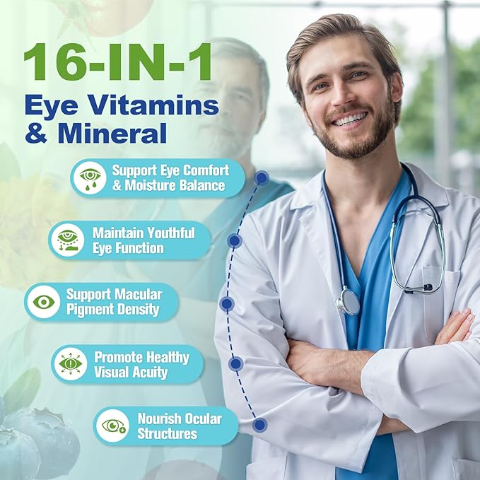 AREDS 2 Eye Vitamins and Mineral, Bilberry Extract, Omega-3, Eye Vitamins for Seniors Macular Health and Dry Eye, Eye Vitamins Lutein and Zeaxanthin Support Eye Strain & Hydration (120 Capsules)