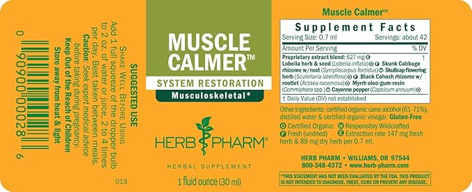 Herb Pharm Muscle Calmer Liquid Herbal Formula for Musculoskeletal System Support - 1 Ounce