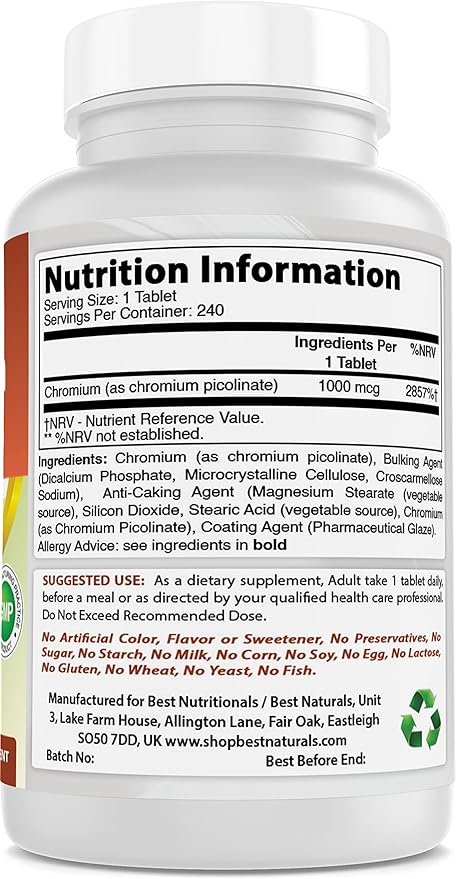 Best Naturals Chromium Picolinate 1000 mcg 240 Tablets
