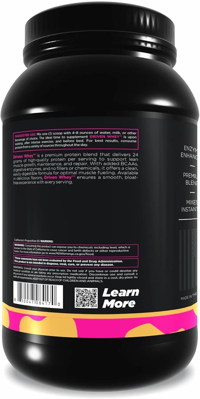 Driven WHEY- Grass Fed Whey Protein Powder: Delicious, Clean Protein Shake- Improve Muscle Recovery with 23 Grams of Protein with Added BCAA and Digestive Enzymes (2 lb, Caramel Latte)