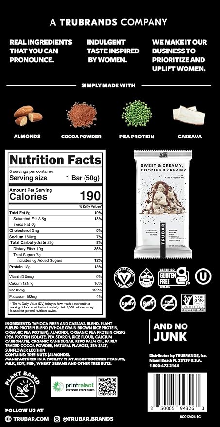 TRUBAR Vegan Protein Bar, Sweet & Dreamy Cookies and Creamy, Gluten Free, Plant Based Protein, Dairy Free, Non GMO, Soy Free, No Sugar Alcohols, 12G Protein, 12G Fiber, 23G Carb, On the Go Snack Bars, 8ct