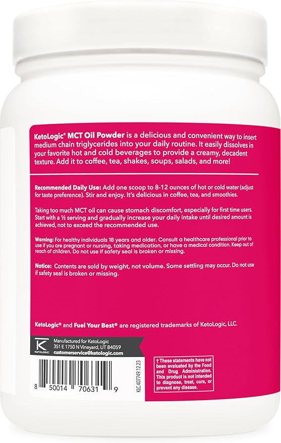 Ketologic MCT Oil Powder (1 LB) (Unflavored) - 45 Servings, Medium Chain Triglycerides Powder Supplement