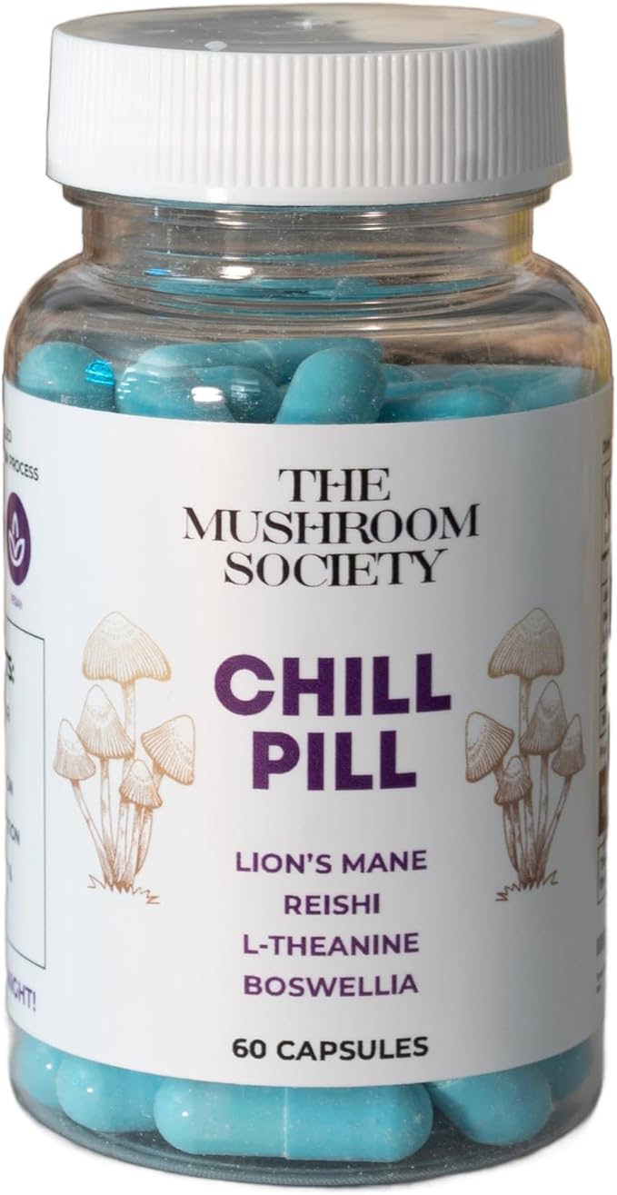 Chill Pill - Lion’s Mane, Reishi, L-Theanine & Boswellia Extract Blend - Mushrooms Supplement for Relax, Recover & Recharge - 60 Capsules