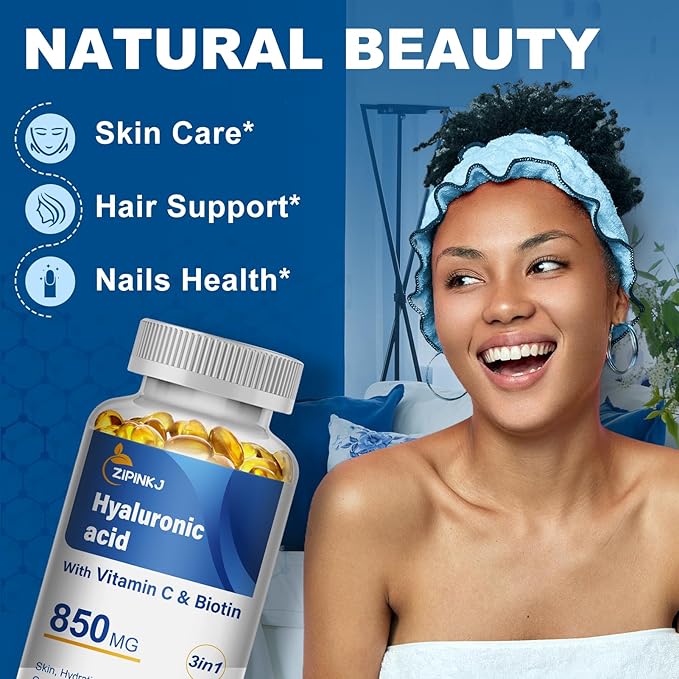 Hyaluronic Acid Supplements 850mg with Biotin 5000mcg & Vitamin C 25mg High Absorption, Skin Hydration, Hair and Nails Health, Non-GMO, Gluten Free, 60 softgels