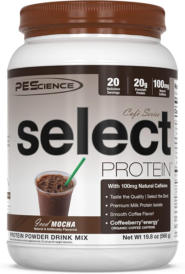 PEScience Select Cafe Protein, Iced Mocha, 20 Servings, Coffee Flavored Whey and Casein Blend with Caffeine