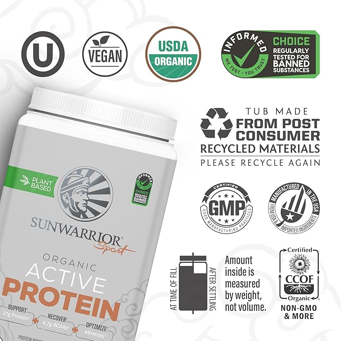 Vegan Protein Powder Plant-Based USDA Organic BCAAs | 27g Protein per Serving | Sugar Free, Gluten Free Non-GMO Dairy Free | Peanut Butter Chocolate Flavored, 20 Servings | Active Sport Protein Powder