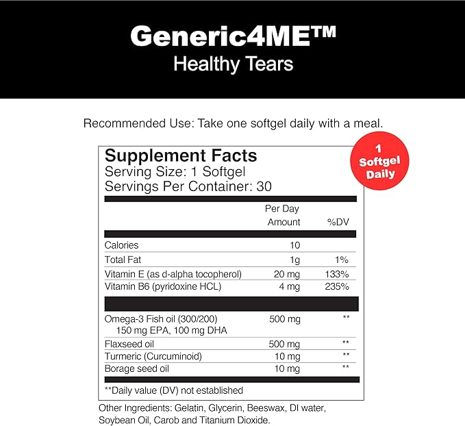 Healthy Tears for Occasional Dry Eye, Omega-3 Fish Oil, EPA, DHA, Vitamin E, Eye Vitamin, Redness Relief, Itch Relief One per Day, 1 Month Supply