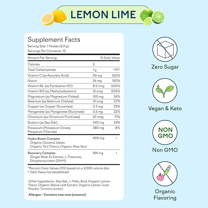 Feel Goods Hydration Hero, 1,000mg Electrolytes Powder, Sugar Free, Magnesium, Organic Aloe Vera, L Theanine, Vitamin C & B12, Non GMO, Keto, Vegan, Electrolyte Packets | Lemom Lime, 15 Count