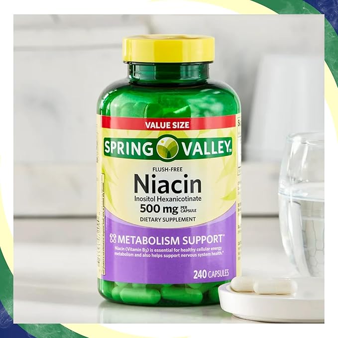 Spring Valley Vitamin B3 Niacin 500mg Flush Free Capsules, Dietary Supplement 240 Pills (Pack of 1)