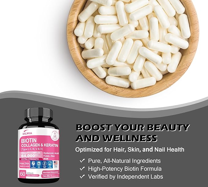Collagen Pills Peptides Types I, II, III, V & X MCG Biotin Keratin Hyaluronic Acid MSM Vitamin A Vitamin C Vitamin E Folic Acid Zinc Magnesium with Grape Seed Extract, Quercetin