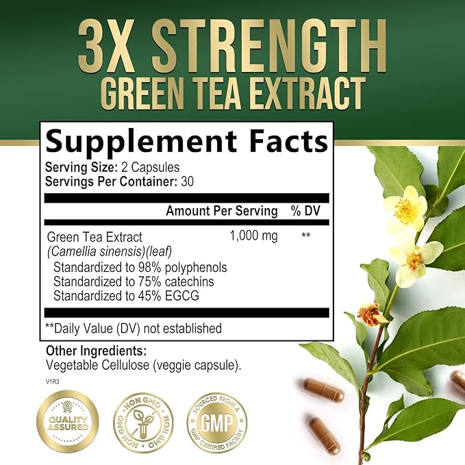 Green Tea Extract Supplement Pills 1000mg - 98% Standardized EGCG with Polyphenols - 3X Strength for Natural Energy - Supports Heart and Antioxidant Health - Nature's Gentle Caffeine - 60 Capsules