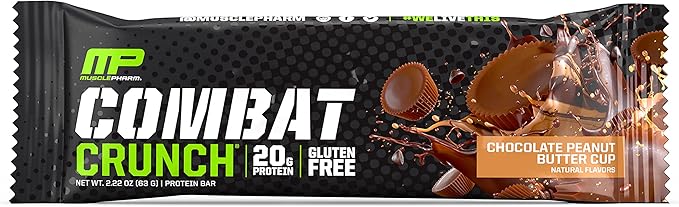 MusclePharm Combat Sport Bar, Chocolate Peanut Butter Cup, High Protein Bars, Combat Cravings, Fuel Performance & Meet Energy Demands, 20g Protein from Whey Protein, 5g Fiber, Gluten Free, 12 Bars
