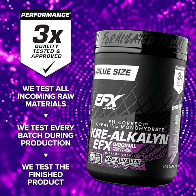 EFX Sports Kre-Alkalyn EFX | pH Correct Creatine Monohydrate Pill Supplement | Strength, Muscle Growth & Performance | 200 Servings, 400 Capsules