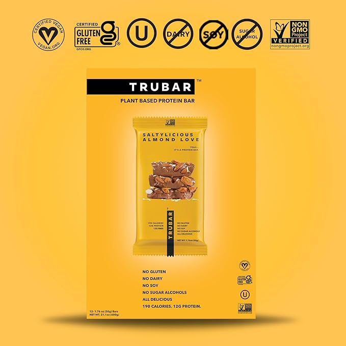 TRUBAR Vegan Protein Bar, Saltylicious Almond Love, Gluten Free, Plant Based, High Fiber, Dairy Free, Low Fat, Non GMO, No Sugar Alcohols, 12G Lean Protein, 13G Fiber, Healthy Snack Bars, 12 CT