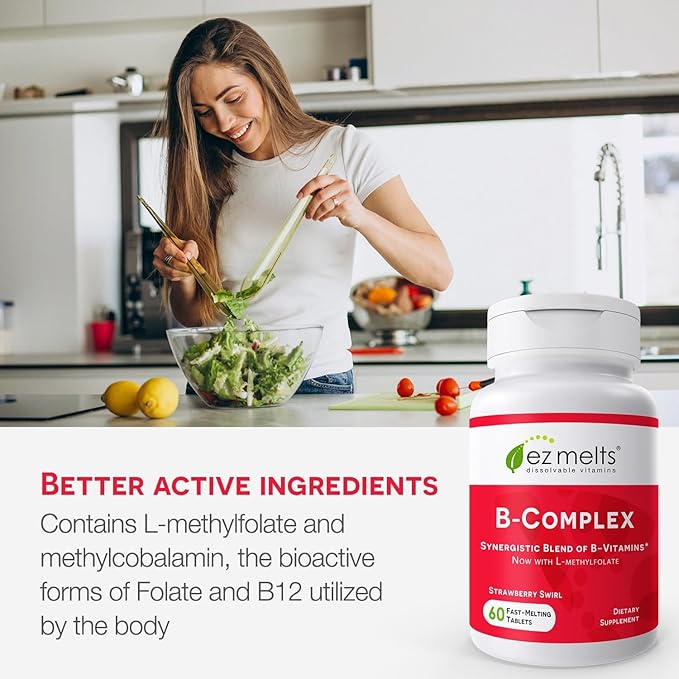 EZ Melts Dissolvable Vitamin B-Complex with Methyl B12 and Methyl Folate, Sugar-Free, 2-Month Supply