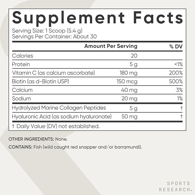 Sports Research Collagen Beauty Complex with Hyaluronic Acid, Vitamin C + Biotin | Pescatarian, Keto Certified & Non-GMO Verified - Unflavored (30 Servings)