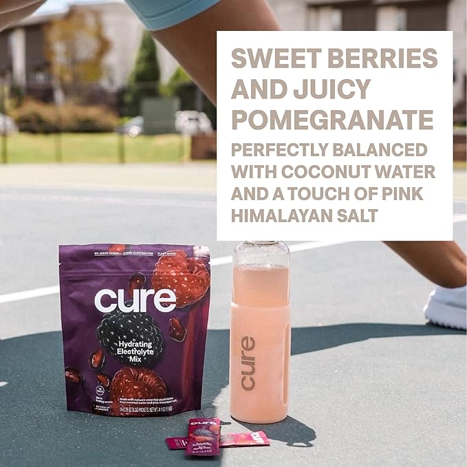 Cure Hydration | Plant-Based Electrolyte Drink Mix | No Added Sugar | FSA & HSA | Dehydration Relief Powder Made with Coconut Water | Non-GMO | Vegan | Pouch of 14 Packets - Berry Pomegranate