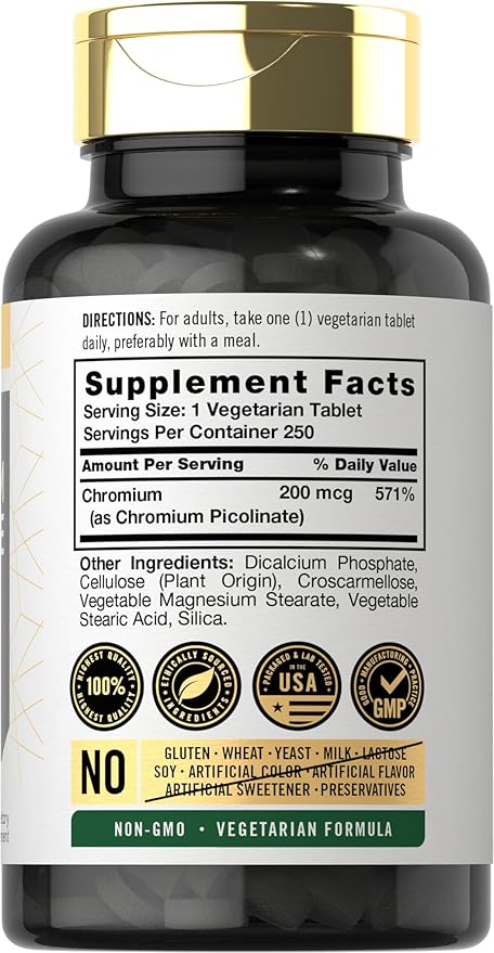 Carlyle Chromium Picolinate 200mcg | 250 Vegetarian Tablets | High Absorption | Non-GMO, Gluten Free Supplement