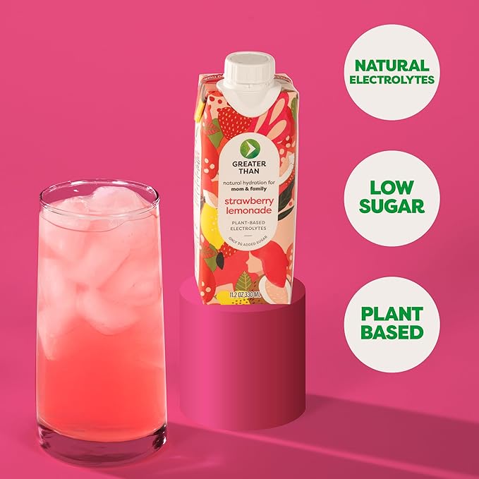 Greater Than Lactation Supplement Support, Coconut Water, Vitamins & Electrolyte Drink for Breastfeeding & Immune Support, Lactation Cookies Alt, Gluten Free, Low Sugar, 36 Pack, Strawberry Lemonade