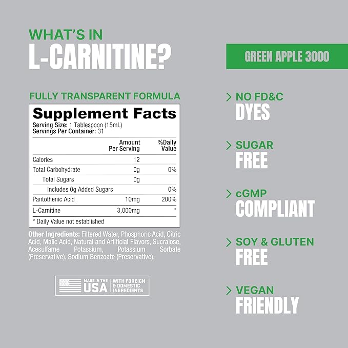 PROSUPPS L-Carnitine Liquid 3000, Stimulant-Free Liquid Shots for Men & Women - Clean Workout Drink for Energy, Performance & Muscle Recovery - No Sugar, No Carbs - 31 Servings, Green Apple