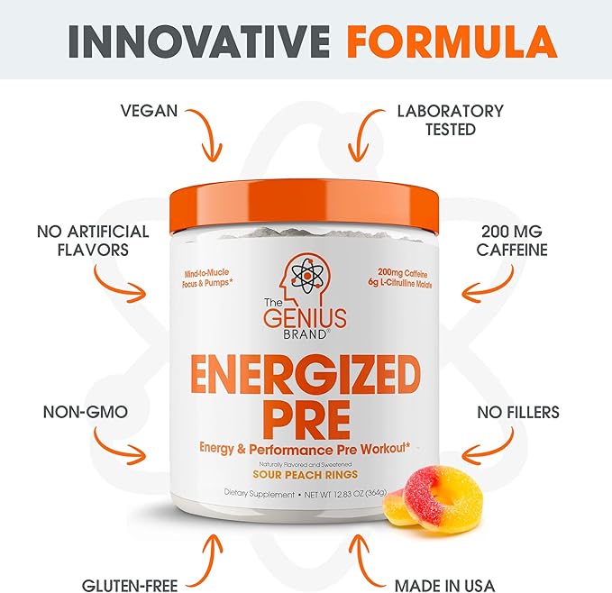 Genius Energized Pre Workout Powder – Caffeine Infused Pre-Workout Booster Supplement with Beta Alanine & Alpha GPC, No Artificial Sweeteners or Dyes - 200mg Caffeine, 20 Servings, Sour Peach Rings