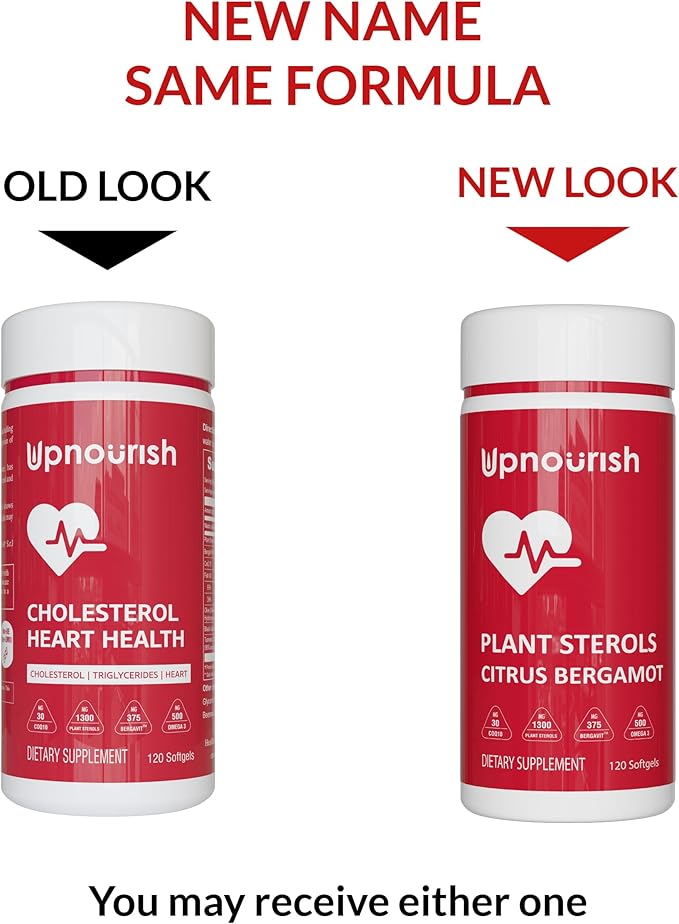 UpNourish Plant Sterols Citrus Bergamot Supplement for High Cholesterol with Stanols, Heart Health Support with CoQ10, Omega 3, Olive Leaf, Turmeric Curcumin, Black Garlic and Niacin - 120 Softgels