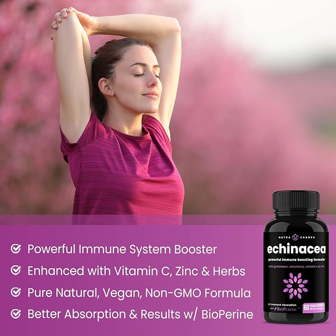 NutraChamps Echinacea Capsules 1000mg - 8-in-1 Immune Support Supplement - Echinacea Goldenseal, Vitamin C, Zinc, Ginger, Elderberry - 60 Capsules
