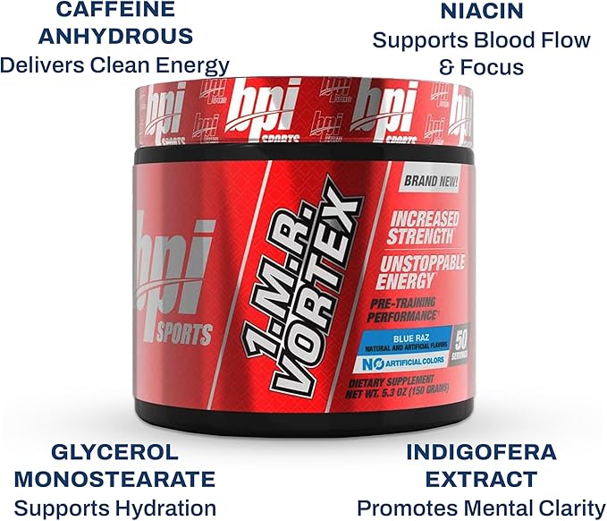 BPI Sports 1.M.R Vortex Pre Workout Powder – High Stim Preworkout for Men & Women with Glycerol, Caffeine, Niacin, and Herbal Extracts – Energy, Focus & Endurance – Blue Raz Flavor – 50 Servings